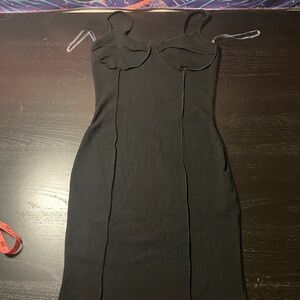 Black Ribbed Spaghetti-Strap Midi Dress with Bust Detailing